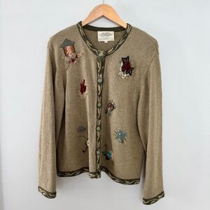 Susan Bristol Vintage Green Hand-Embroidered Bird House Floral Cardigan Sweater